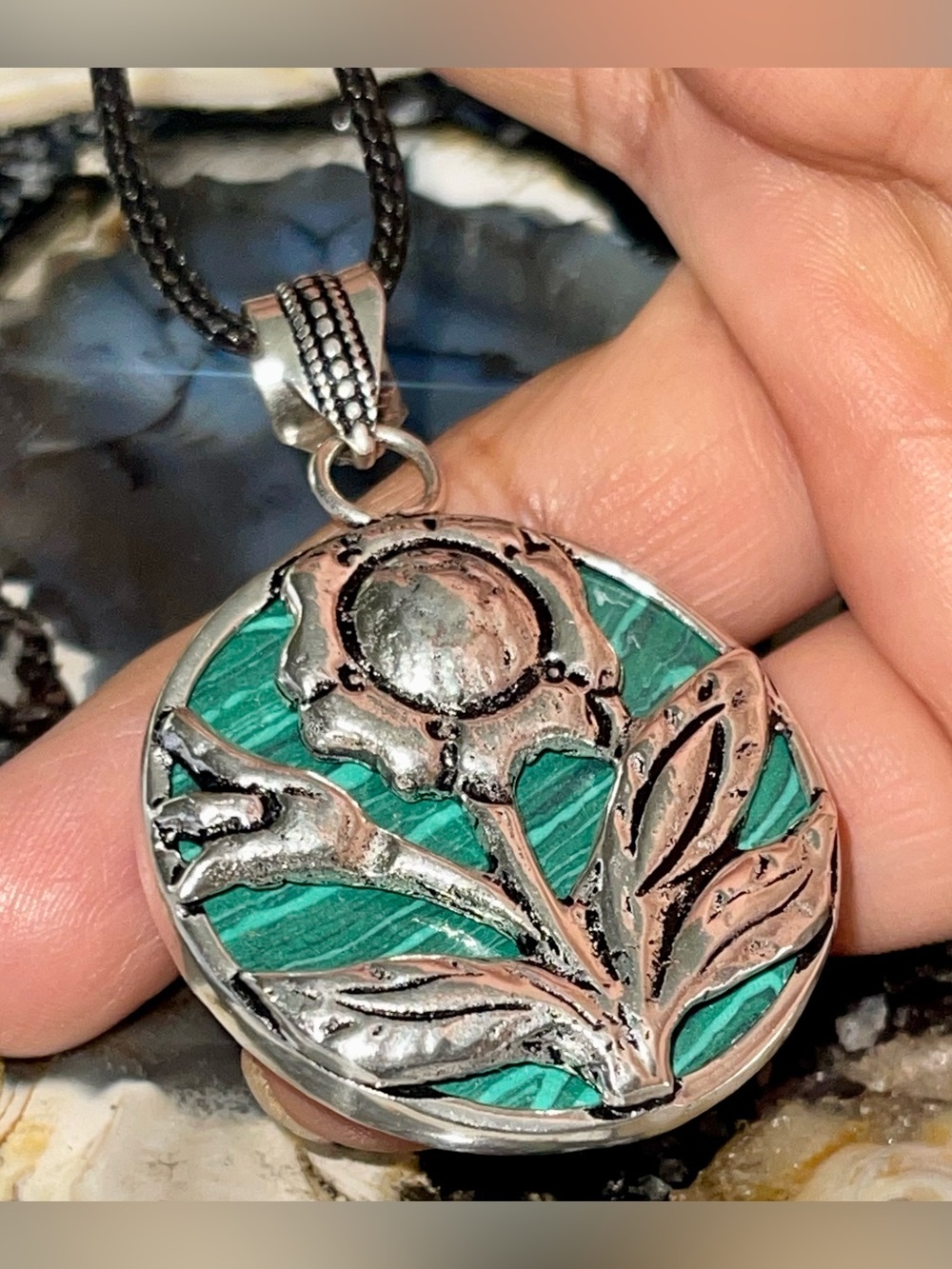 Reversible Rainbow Green Calsilica Pendant 2 1/4”